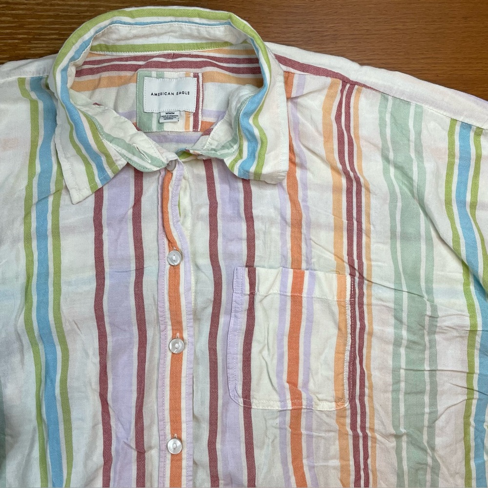 American Eagle Oversized Shirt Women's M Pastel Stripes Button Down Roll Sleeve - Picture 1 of 13